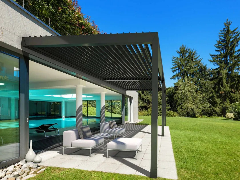 Solace Wall Mounted Fiberglass Pergola with Fixed Louvers