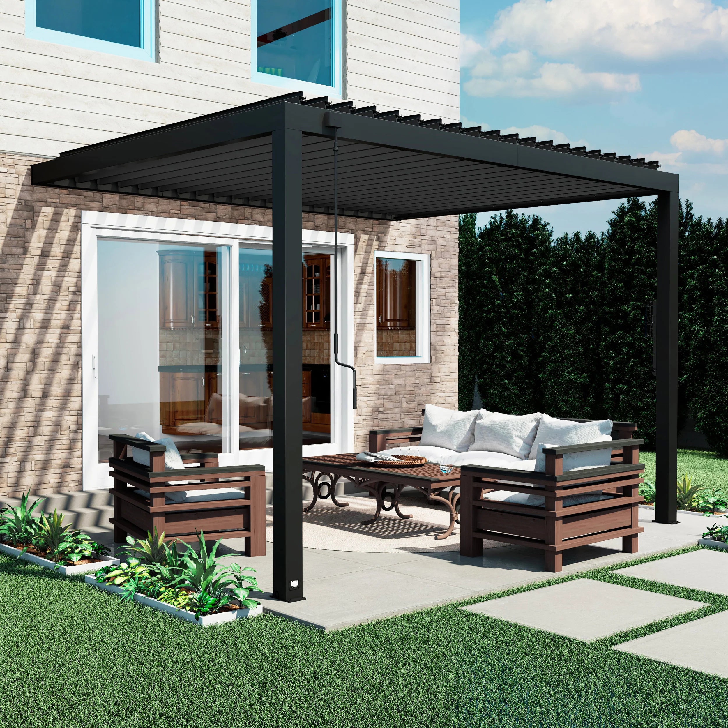 Solace Wall Mounted Fiberglass Pergola with Fixed Louvers