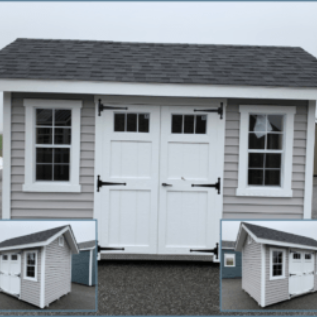 Nantucket Shed 8×12 Vinyl Siding Transom Windows in Fiberglass Doors