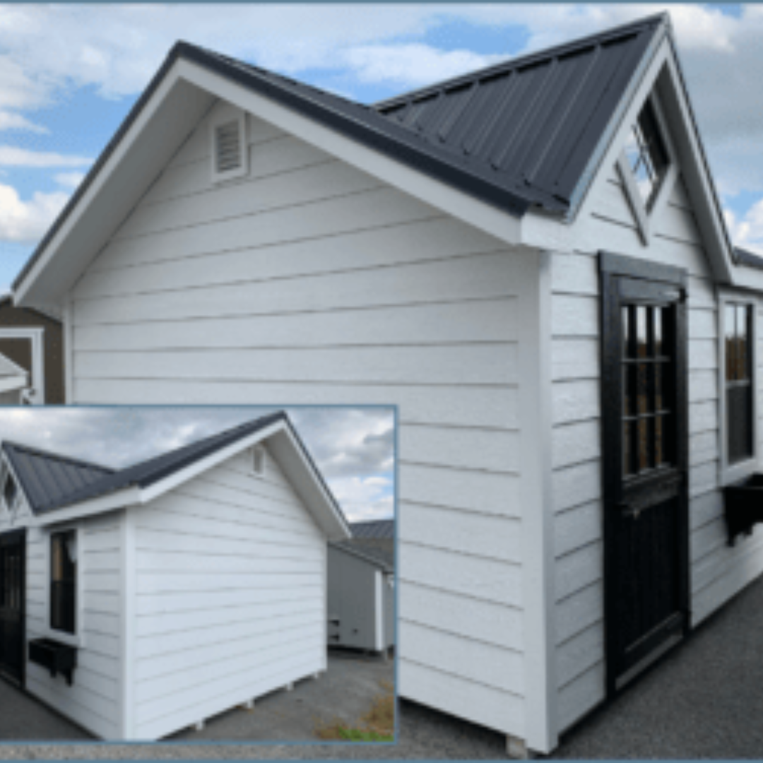 Garden Cottage Shed A-Frame Dormer Black Windows Flower Boxes 9-Lite Pine Window in Door 8″ Gable Overhang