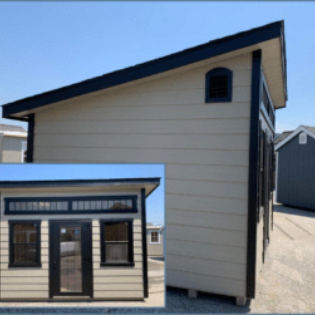 Garden Cottage Shed Lean To Roof 15-Lite Window in Fiberglass Door Black Windows Transom Windows