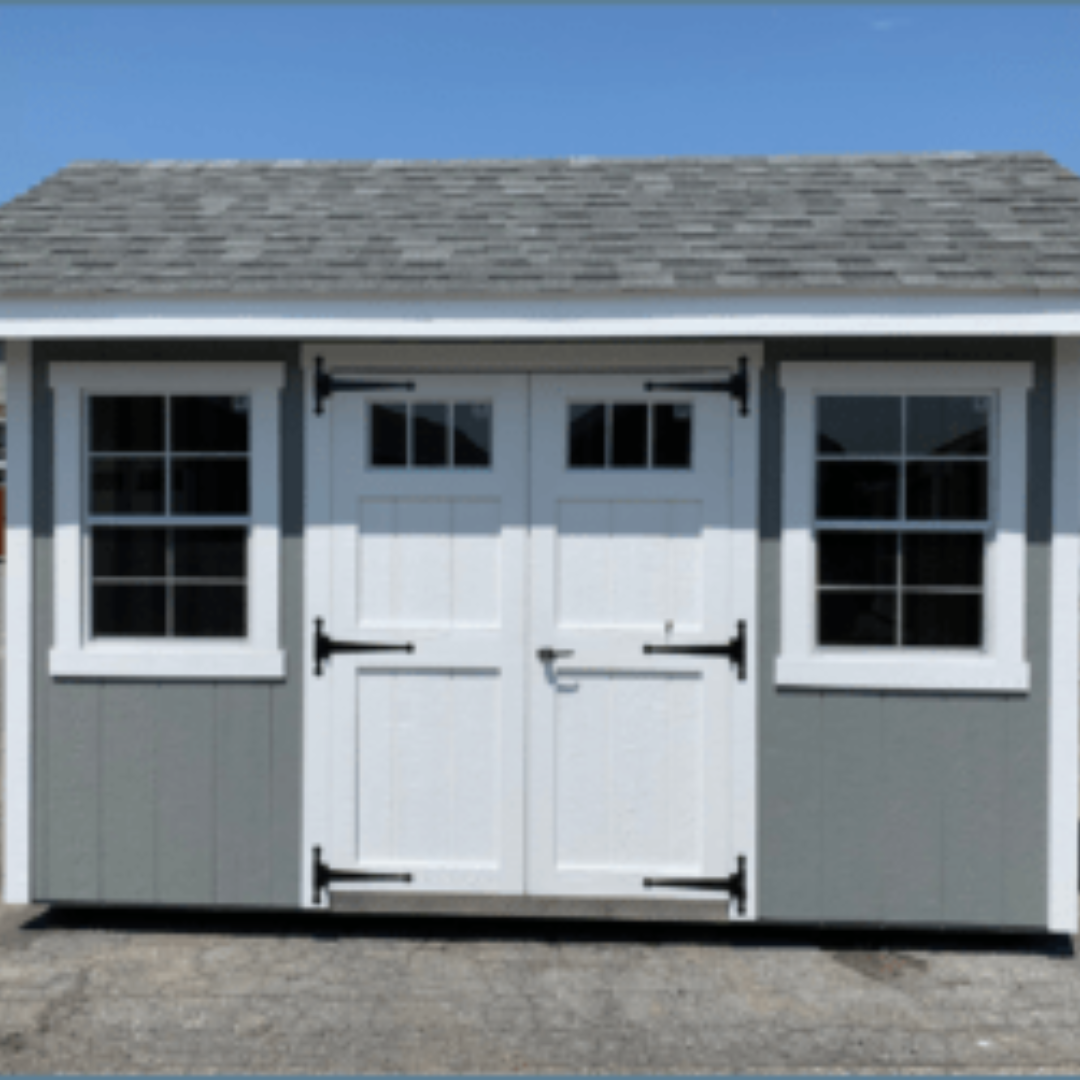 Nantucket Shed 8×12 SmartSide Siding Transom Windows in Wood Doors 12″ on Center PT Floor Joists