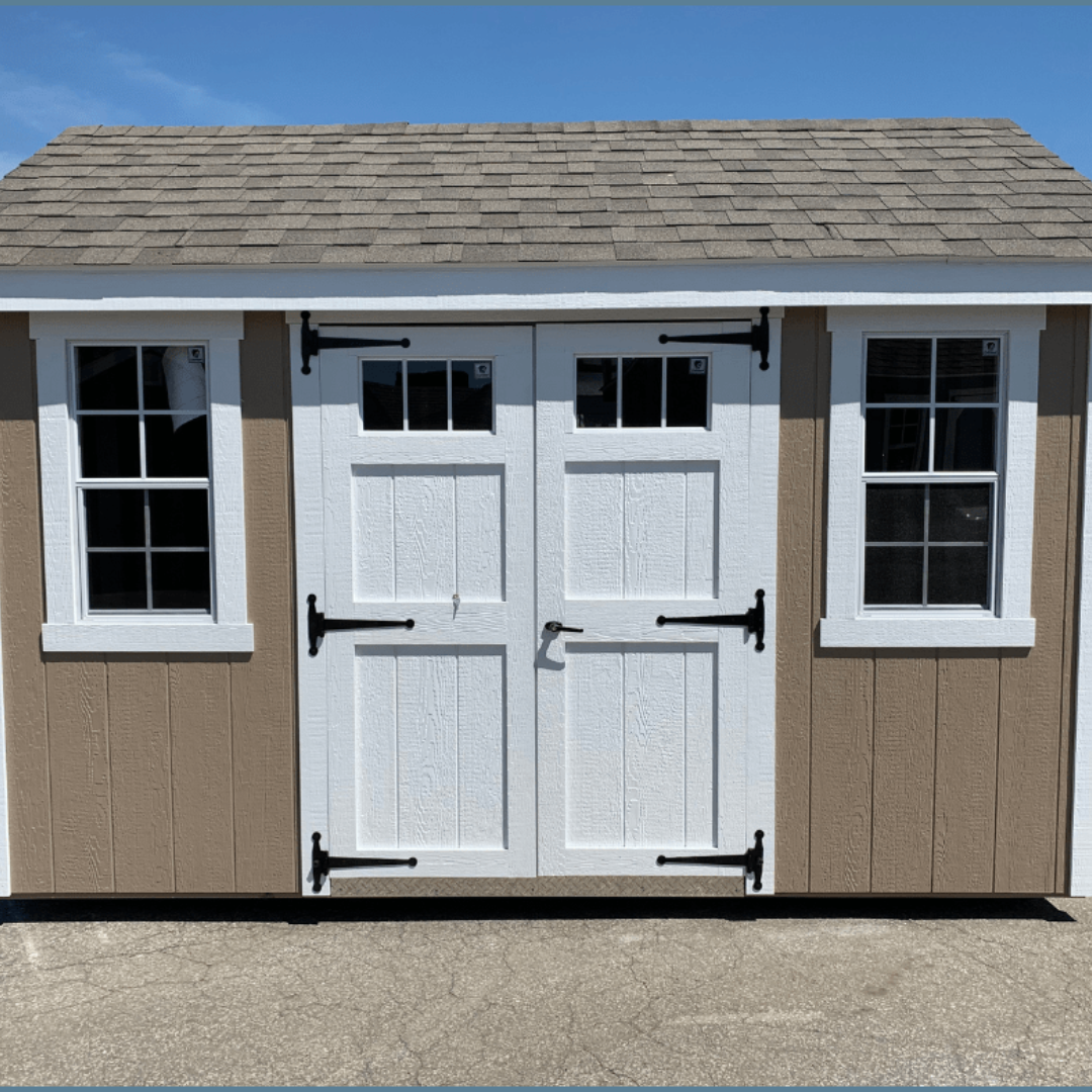 New England Sheds 8×12 A-Frame SmartSide Siding Aluminum Transom Windows 12″ on Center PT Floor Joists