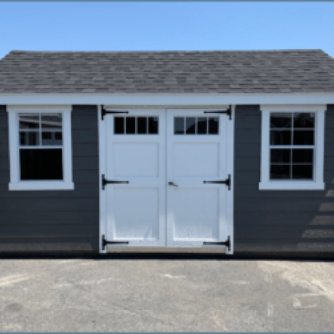 Garden Cottage Shed  10×16  A-Frame  Transom Dormer  Transom Windows in Wood Doors  12″ on Center PT Floor Joists