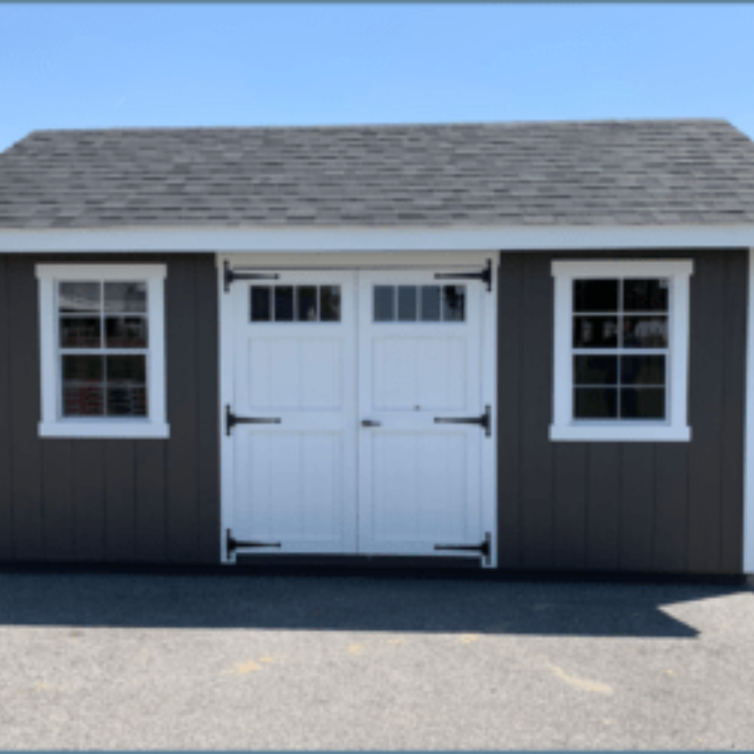 Nantucket Shed  SmartSide Siding  Transom Windows in Wood Doors  12″ on Center PT Floor Joists