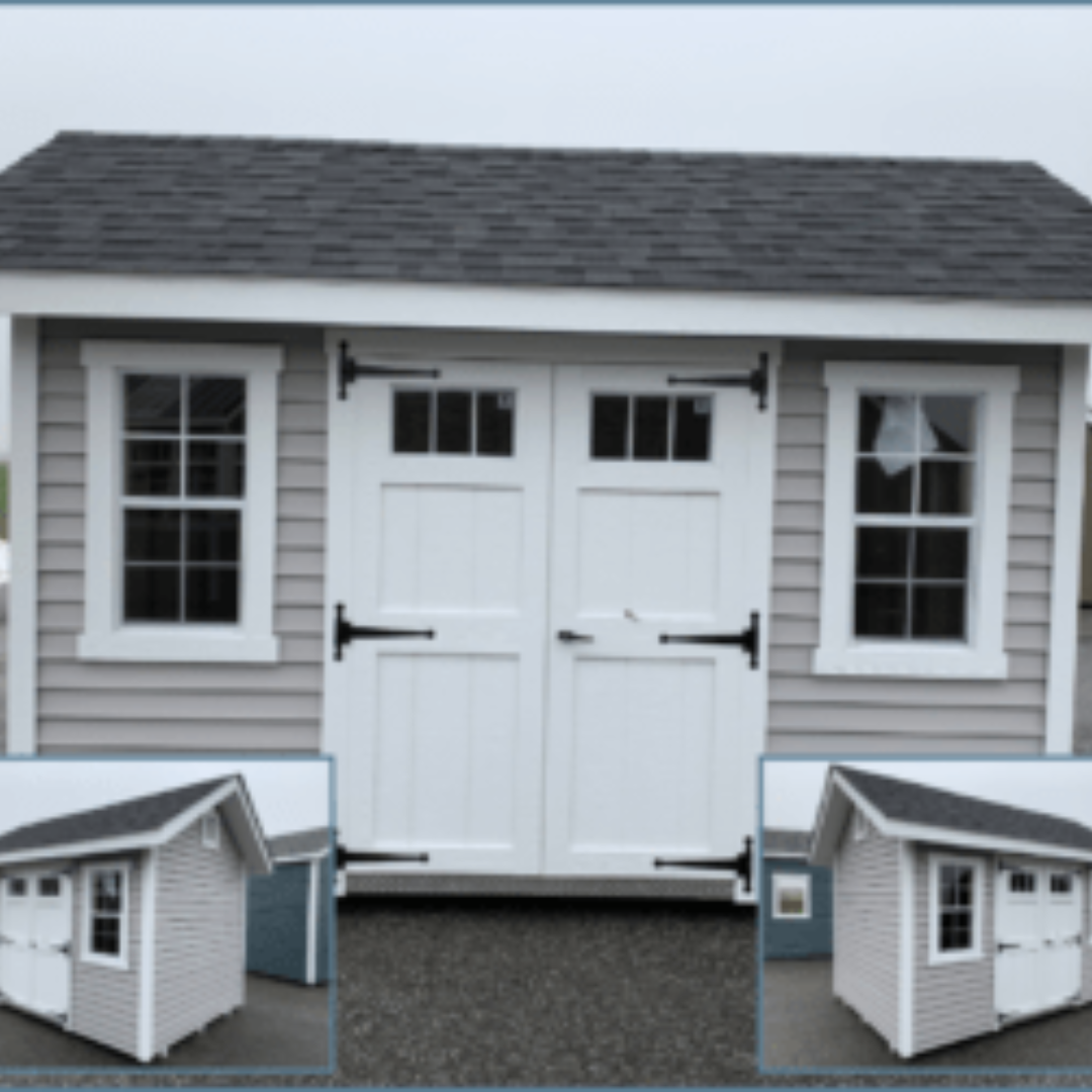 Nantucket Shed 8×12  Vinyl Siding  Transom Windows in Fiberglass Doors