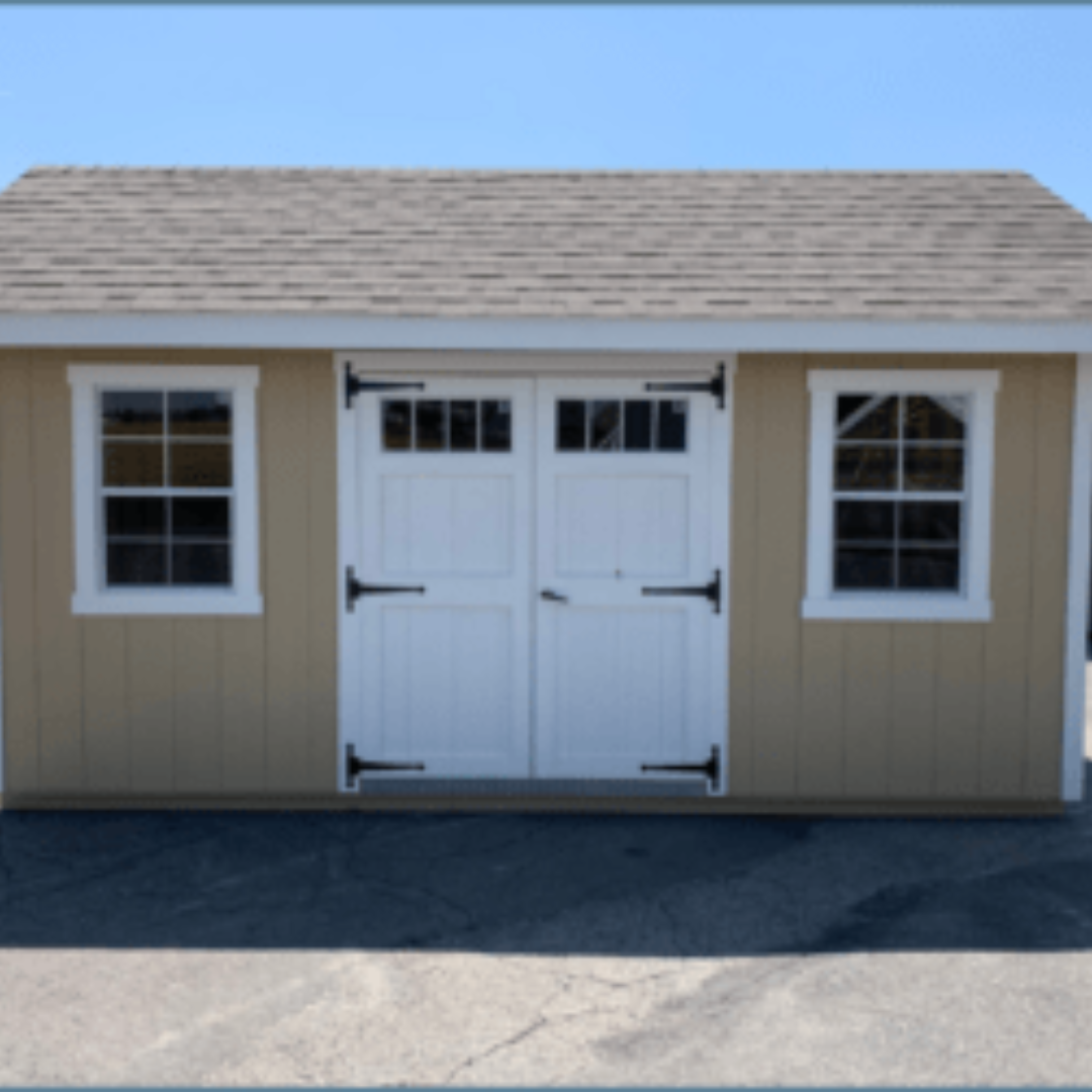 Nantucket Shed SmartSide Siding  Transom Windows in Wood Doors  12″ on Center PT Floor Joists