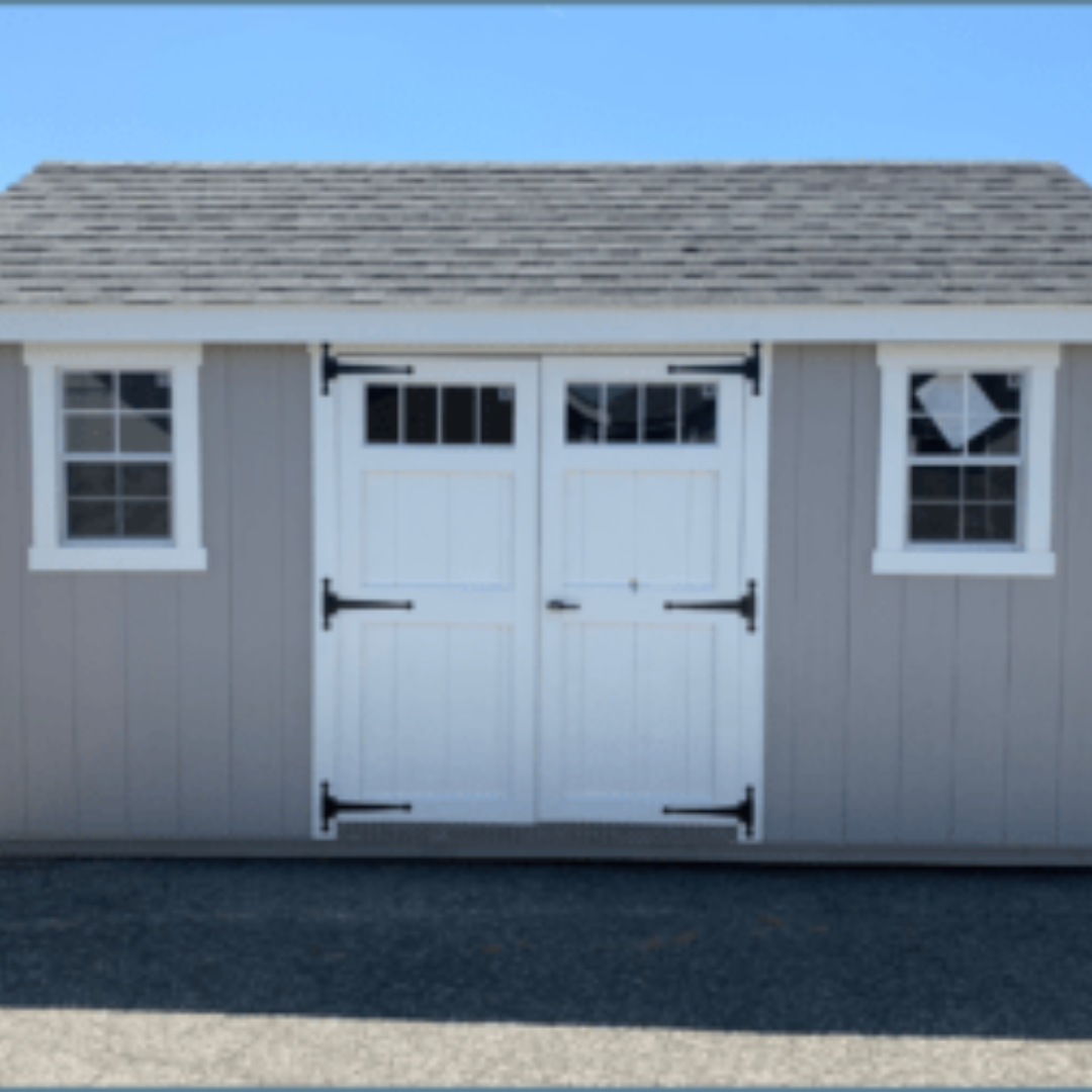 New England Shed 10×16  SmartSide Siding  Aluminum Transom Windows in Wood Doors  12″ on Center PT Floor Joists