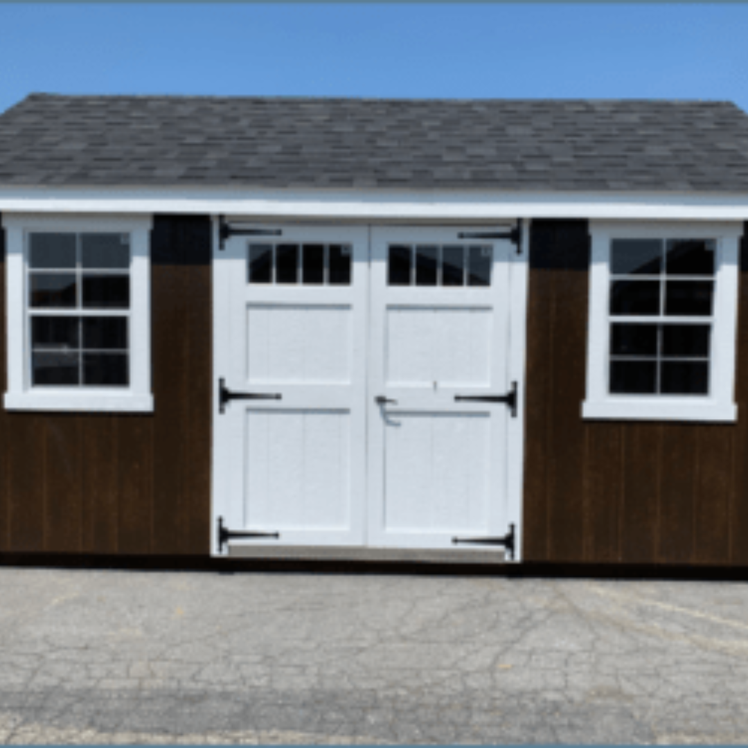 New England Shed  10×16  SmartSide Siding  Aluminum Transom Windows in Wood Doors  12″ on Center PT Floor Joists