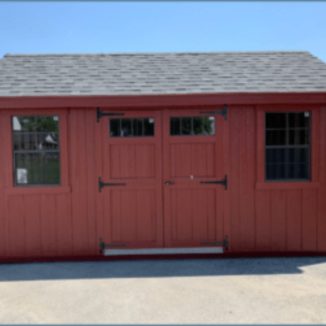 New England Shed  10×16  SmartSide Siding  Black Windows  Aluminum Transoms