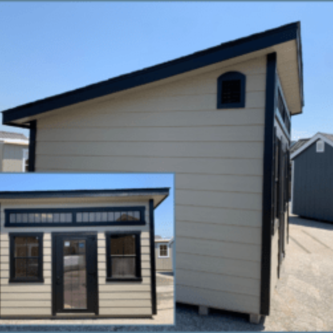 Garden Cottage Shed   Lean To Roof  15-Lite Window in Fiberglass Door  Black Windows  Transom Windows