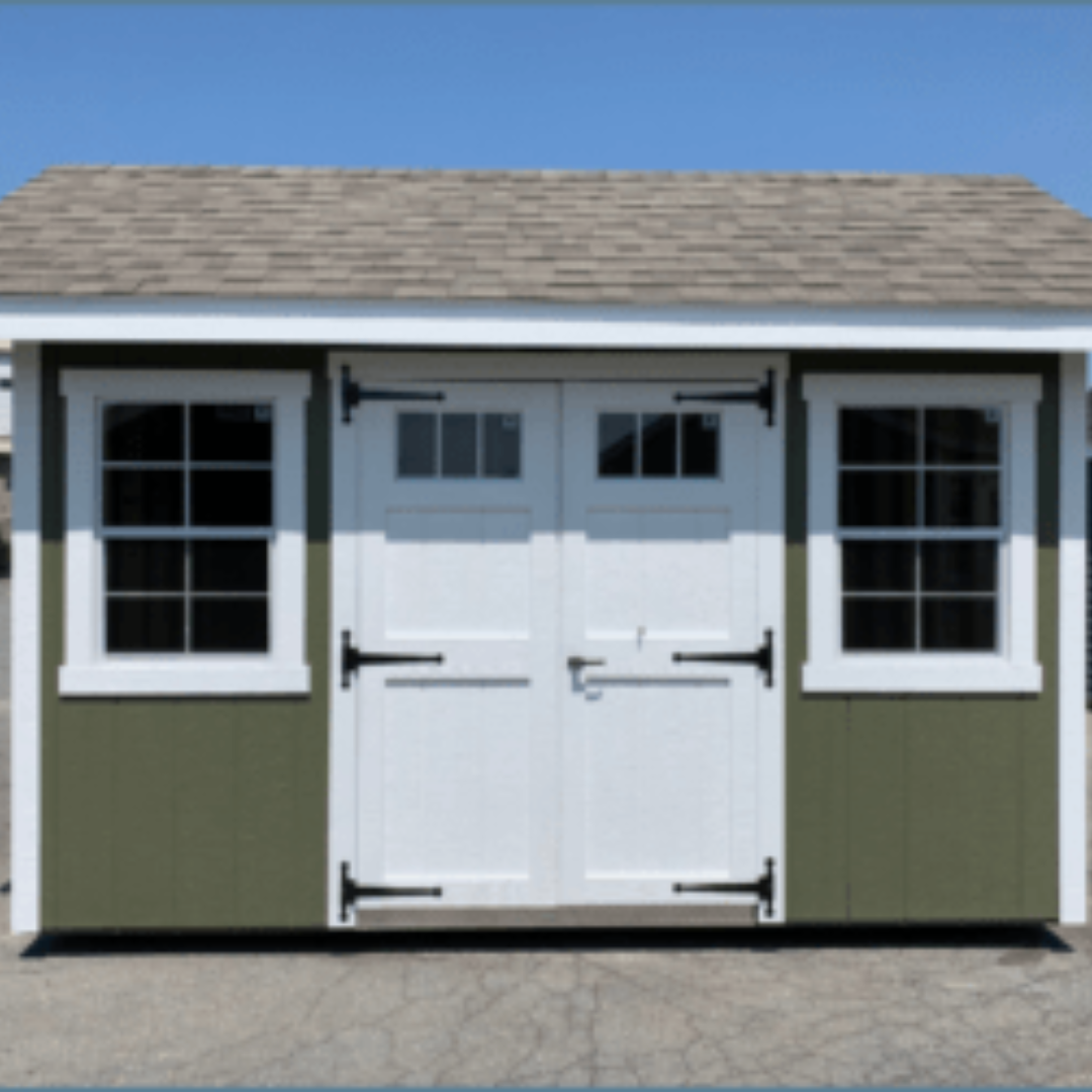 Nantucket Shed 8×12  SmartSide Siding  Transom Windows in Wood Doors  12″ on Center PT Floor Joists