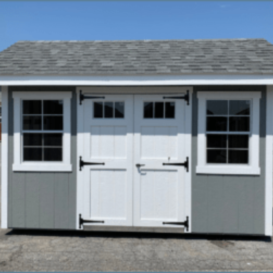 Nantucket Shed  8×12  SmartSide Siding  Transom Windows in Wood Doors  12″ on Center PT Floor Joists