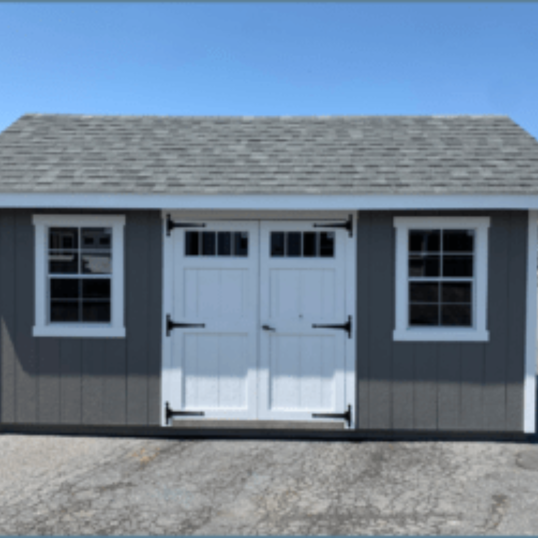 Nantucket Shed SmartSide Siding  Transom Windows in Wood Doors  12″ on Center PT Floor Joists