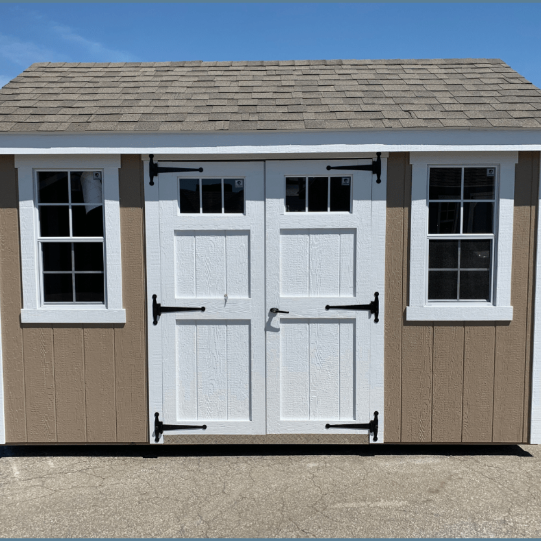 New England Sheds 8×12  A-Frame  SmartSide Siding  Aluminum Transom Windows  12″ on Center PT Floor Joists